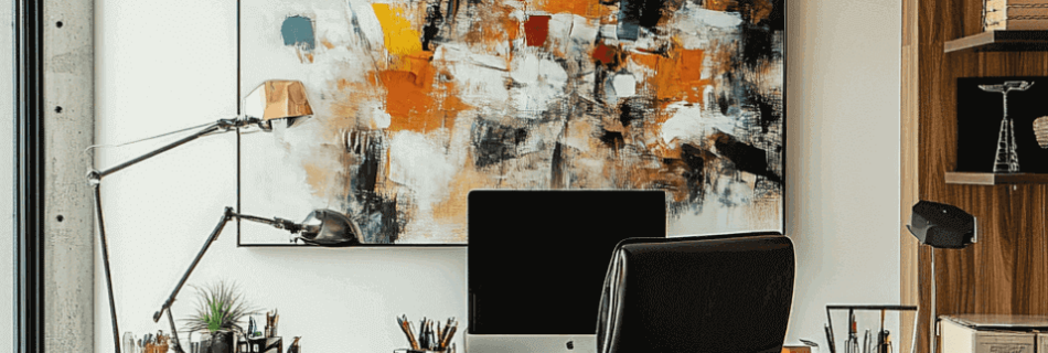 A modern office with a wooden desk, a computer and an abstract painting in warm orange, black and white tones that creates a stylish workspace