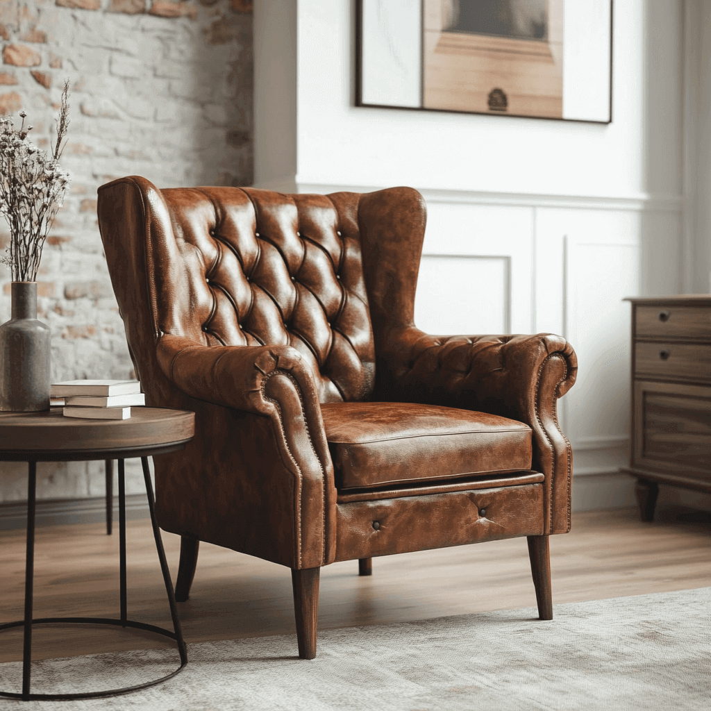 A brown wing chair in a cosy room with a vintage atmosphere
