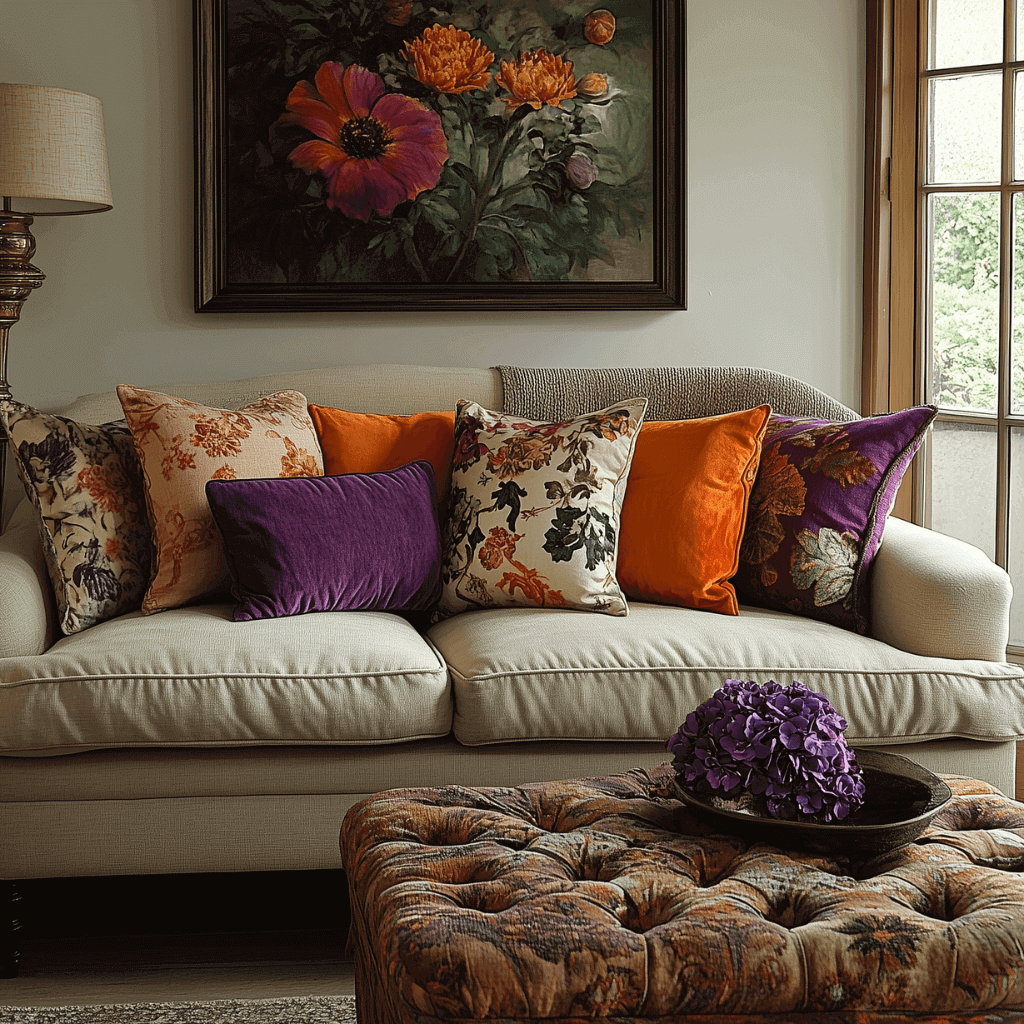 A cosy, cream-coloured living room with colourful cushions, a flower picture and hydrangeas