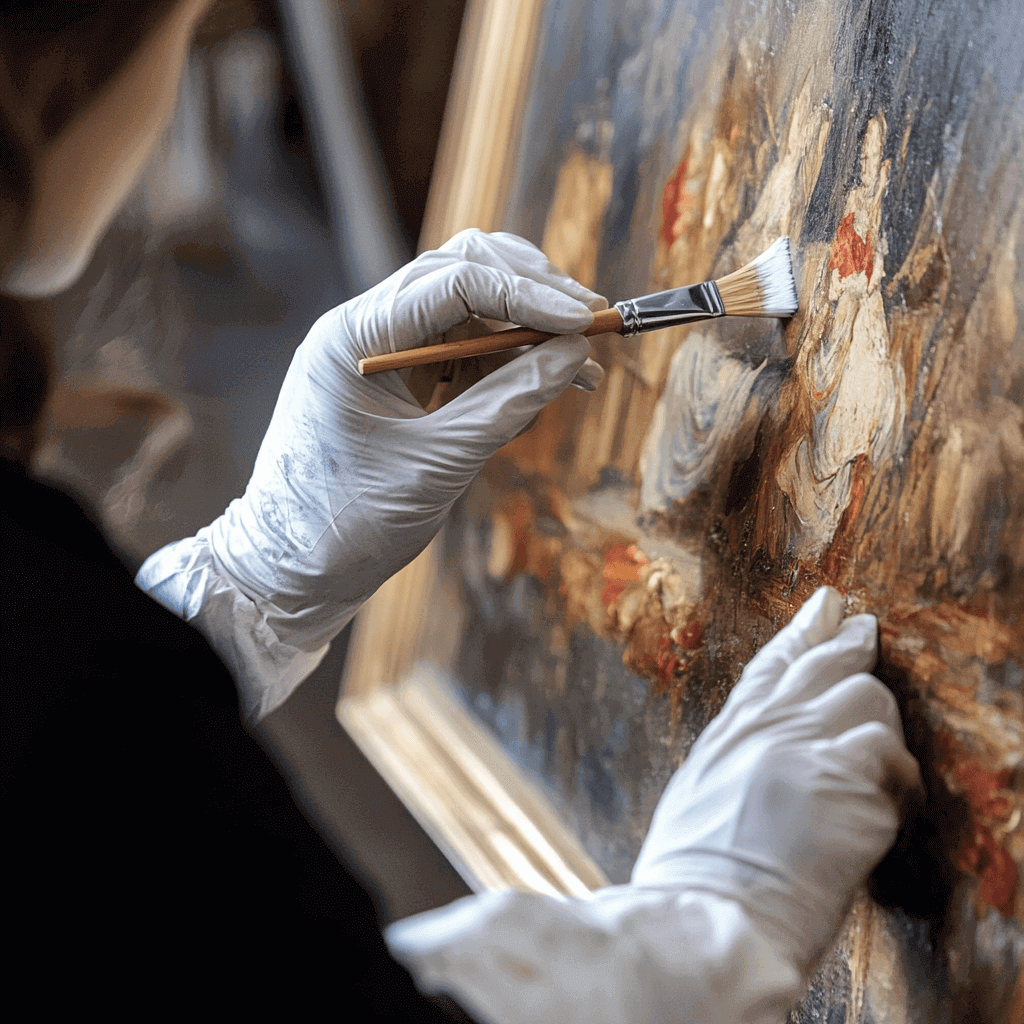 A restorer carefully restores a classical painting with fine precision