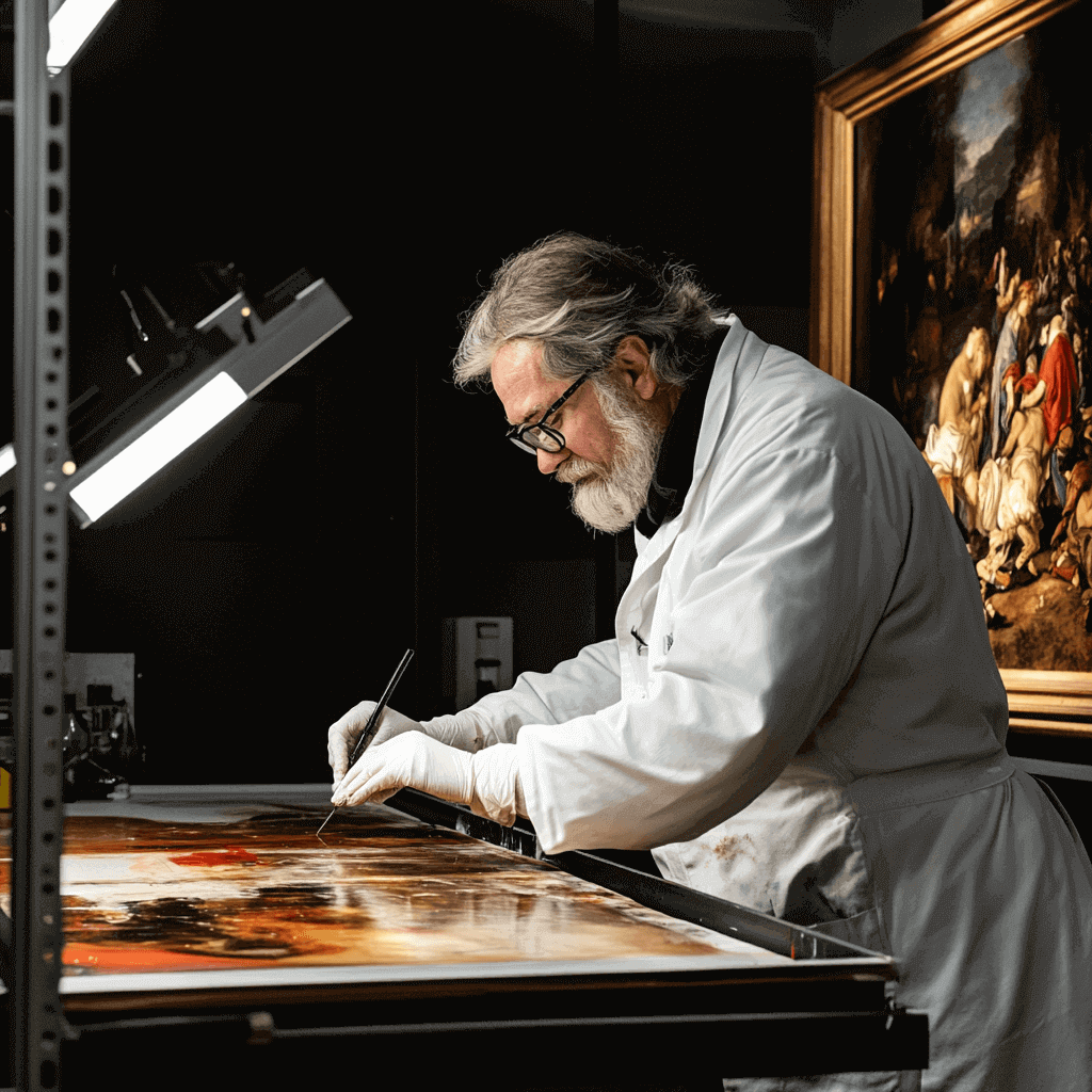 A restorer restores a historical painting under focused light that shows precision and attention to detail
