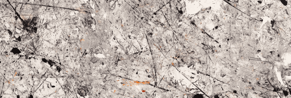 Abstract painting with black splatters and chaotic lines on a textured gray background