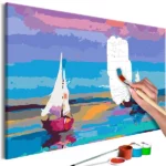 Een kleurrijk schilderij van een zeelandschap