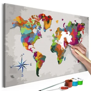 Een kleurrijk schilderij van een wereldkaart