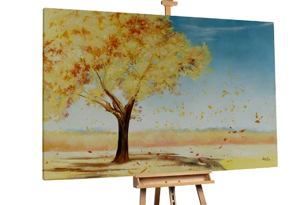 Herfstboom olieverfschilderij met vallende gele bladeren