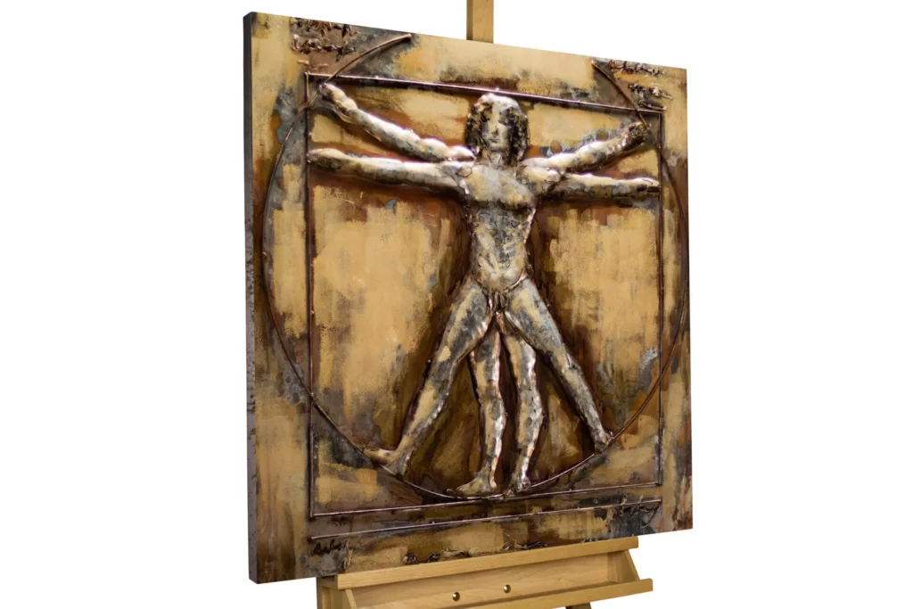 Metal painting 3D Vitruvian man of iron