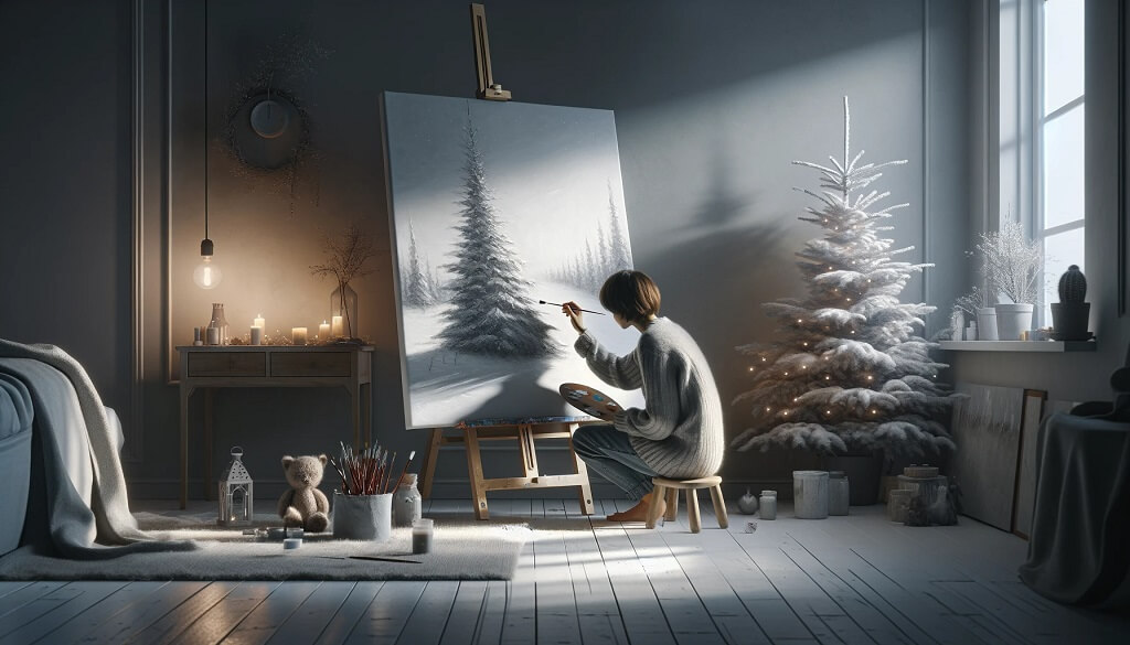 persoon maakt handgeschilderd canvas kunstwerk voor de winterzonnewende