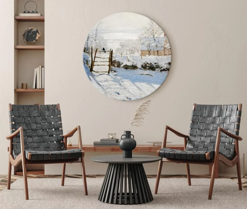 Rond schilderij ‘Monet’s Winter Magpie’