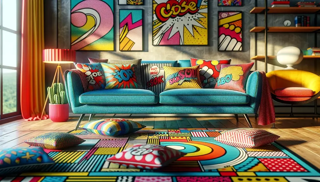 woonkamerlandschap met kussens en tapijten geïnspireerd op popart