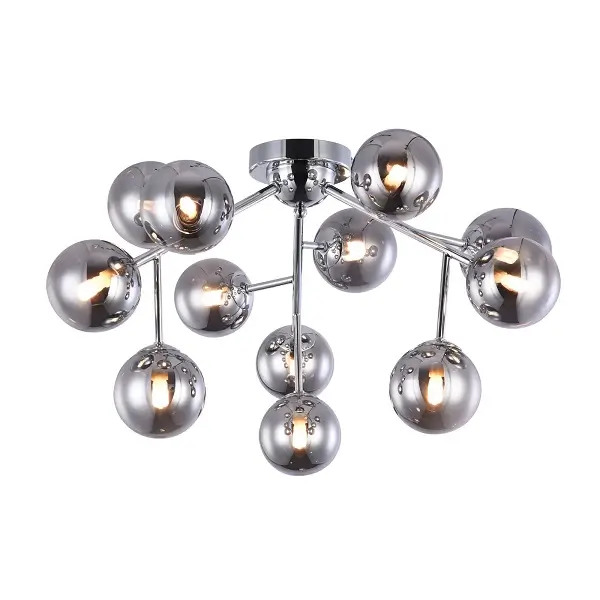 A pendant light that has a round ball like design in color silver