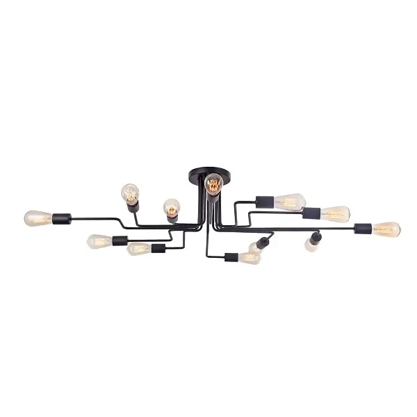 A modern black ceiling light fixture with multiple arms and exposed bulbs on a white background.
