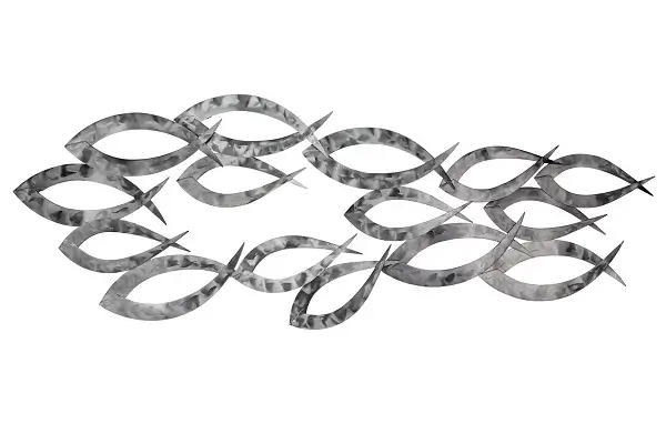 A handcrafted metal wall art that looks like a group of fish design