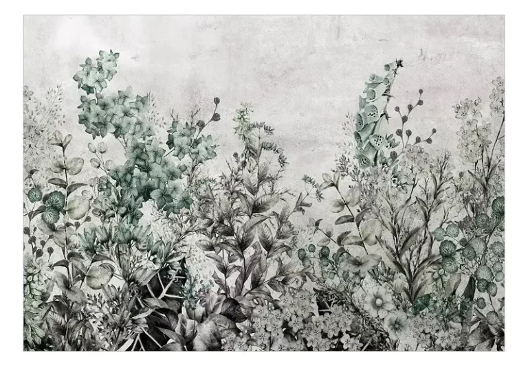 a herb inspired wallpaper in hues of green and gray