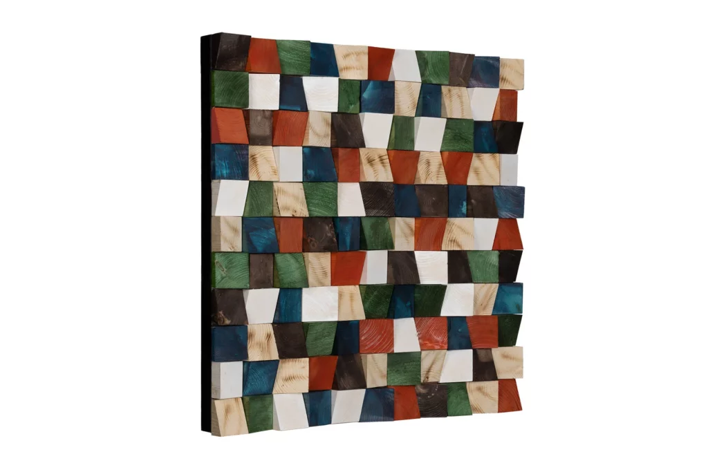 a handmade 3d wood wall art in color green, red and beige
