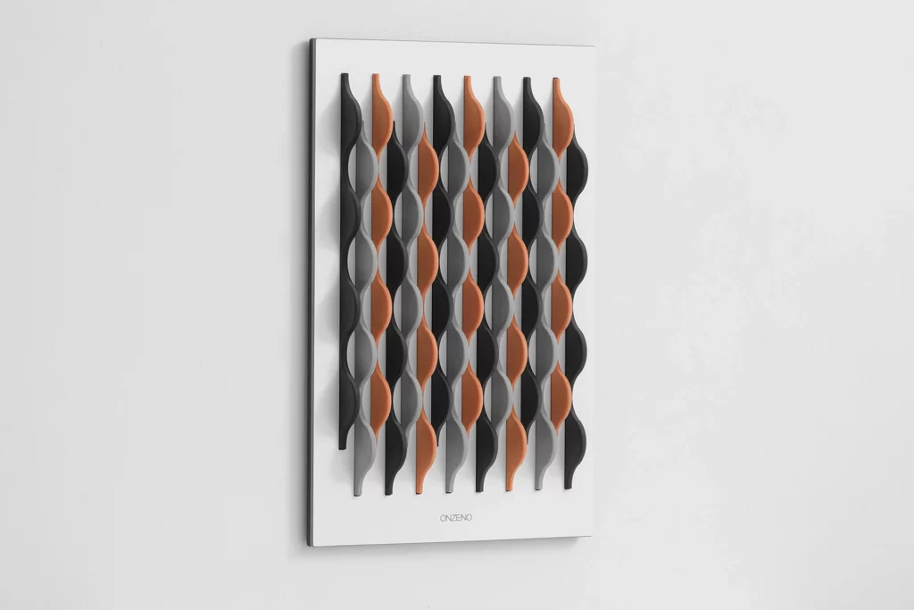 a wooden wall art in a vertical line design with color orange, gray and black