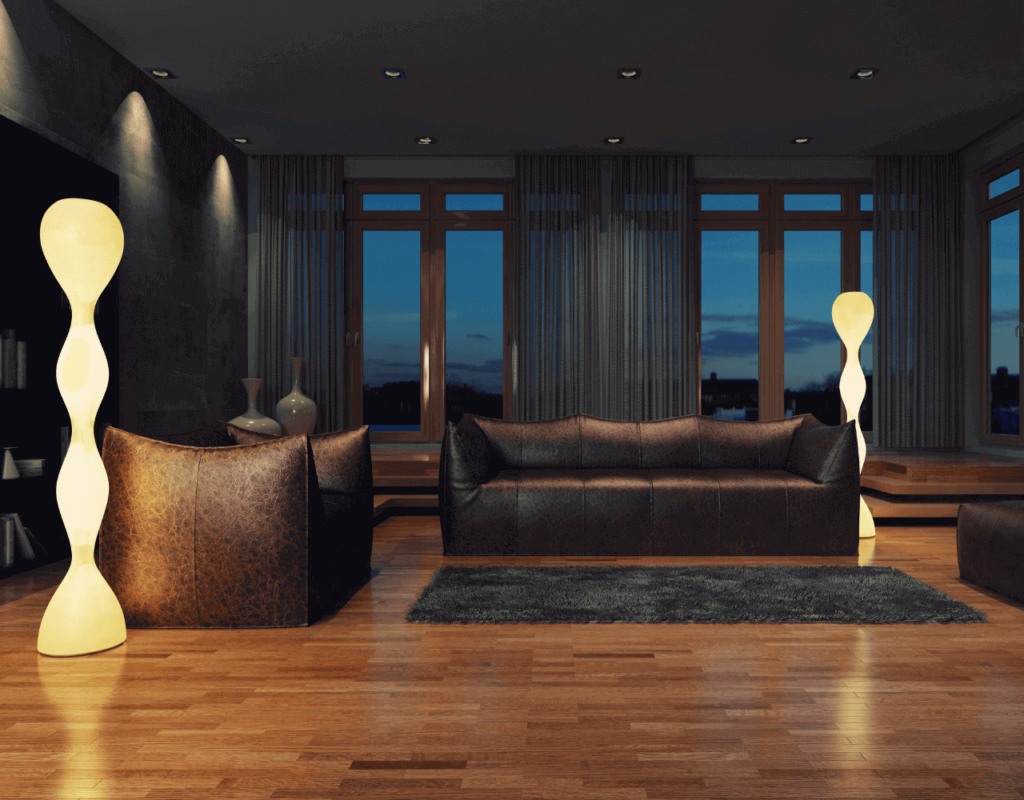 Zwart leren bank met staande lamp