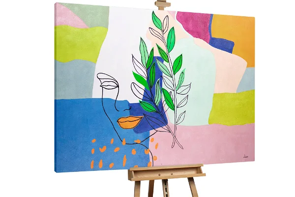 Abstract oil painting 'Picasso's Athena' on canvas, featuring a stylized face with a leaf motif, set against pastel colors and geometric shapes.