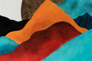 Colorful abstract mountain layers in blue, orange, and red.