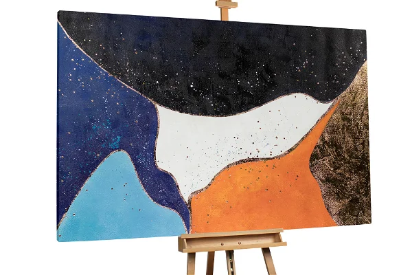 Abstract painting with a dark sky and orange hill on canvas.