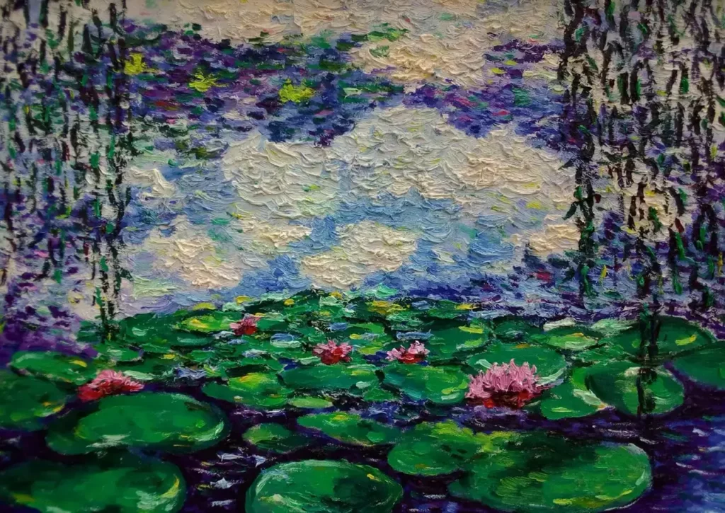 Impressionistic painting of water lilies under a cloudy sky.