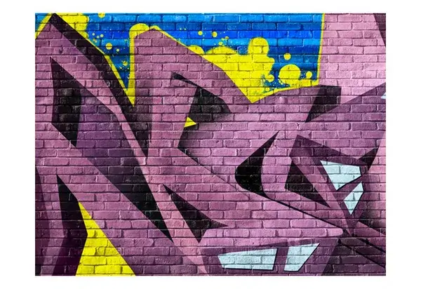 A wallpaper inspired by graffitti design in color pink with blue and yellow background