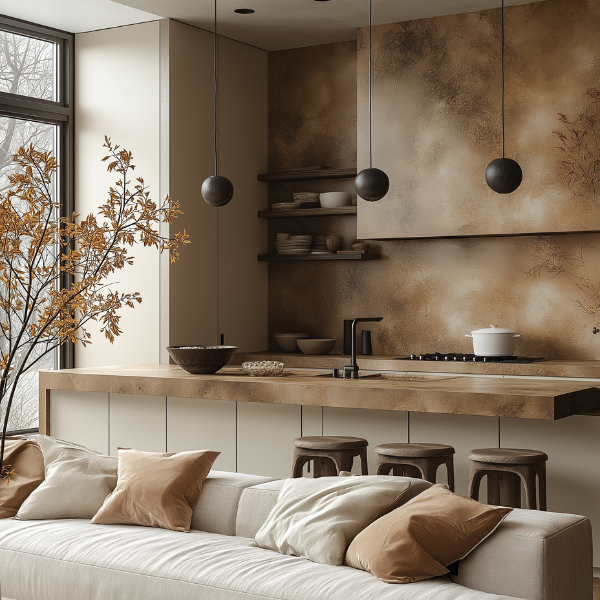 Cozy kitchen with wooden counter, stools, pendant lights and a soft sofa with neutral cushions