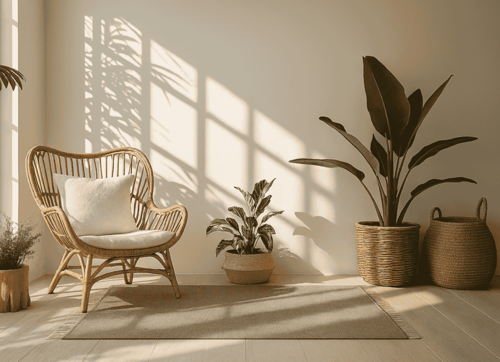 Cozy corner with a rattan chair, indoor plants, and a light grey rug in natural sunlight