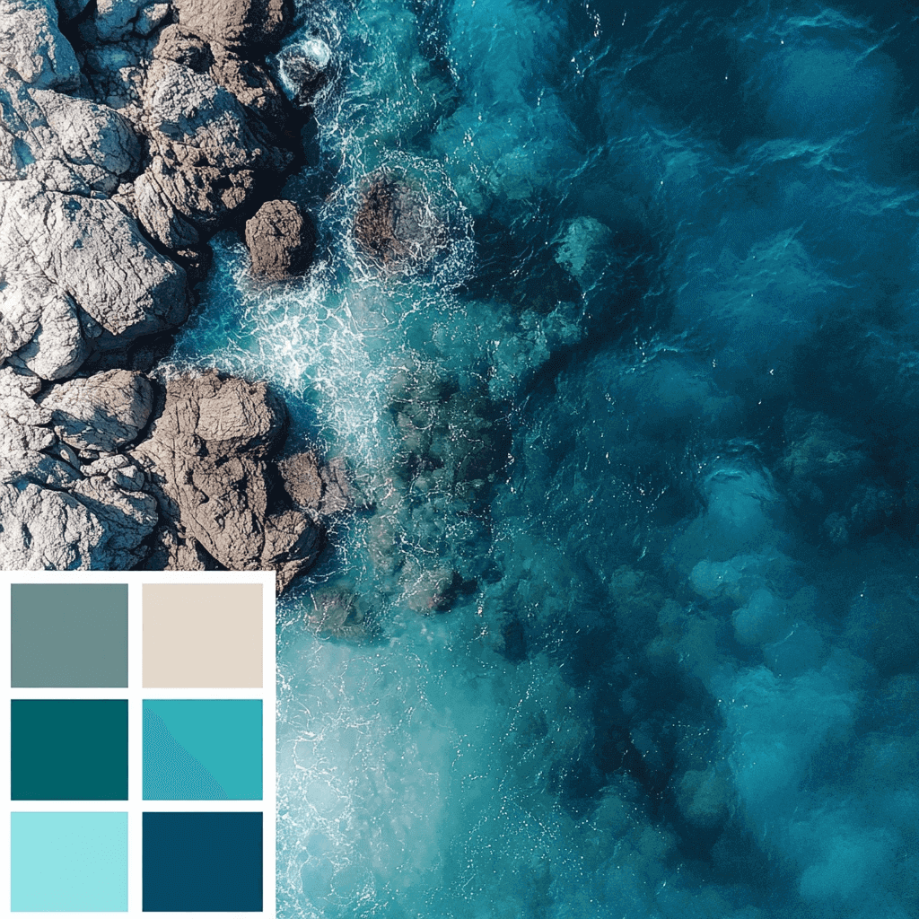 Aerial view of turquoise ocean rocks with blue and beige color palette.