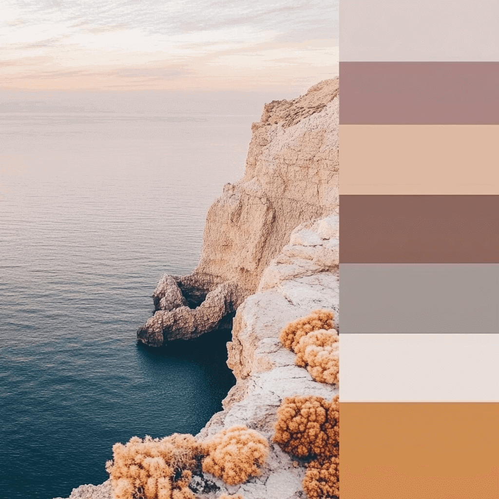 Coastal cliff photo with muted earth tones and blue-gray sea, plus matching color palette.