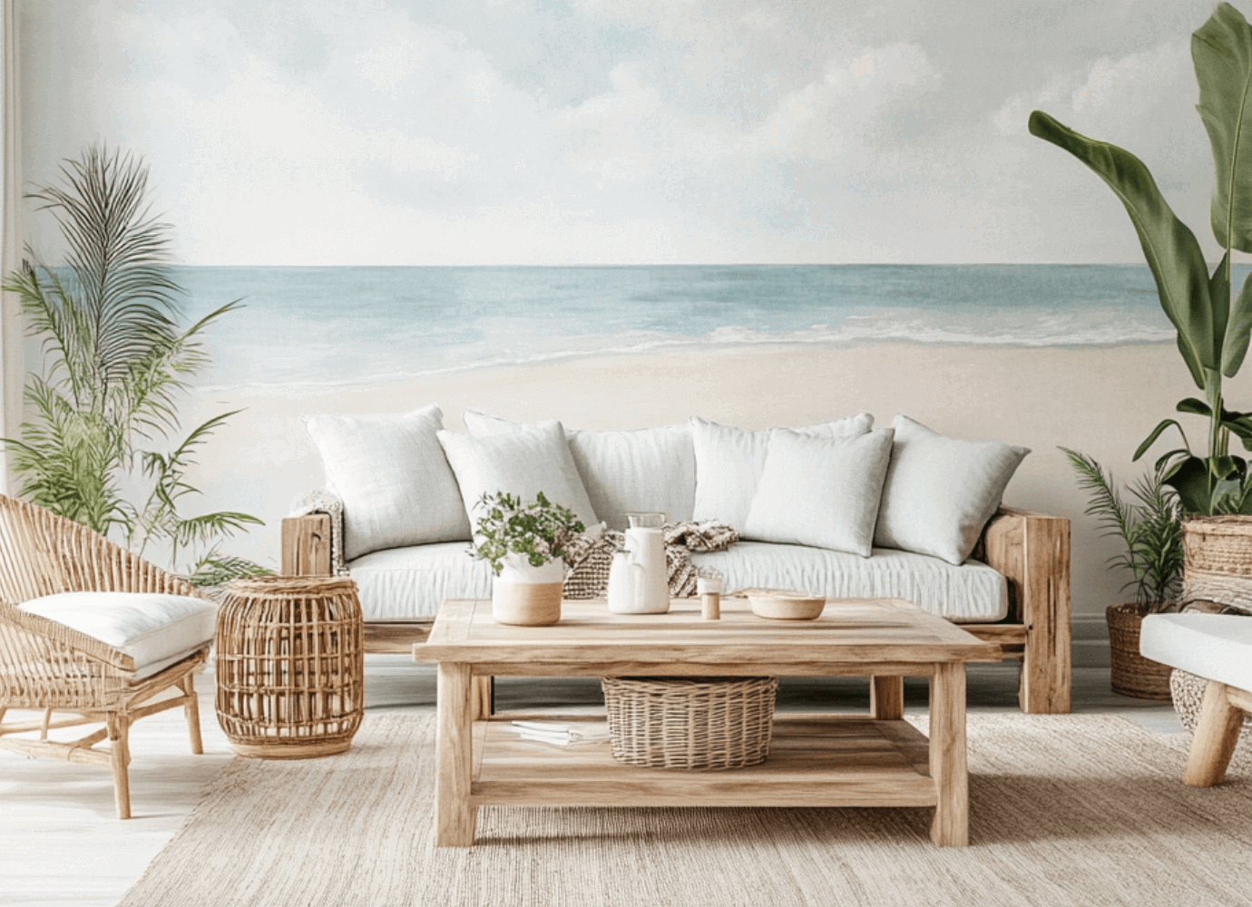 Coastal-themed living room with a large beach mural wall, wooden furniture, rattan accents, neutral tones, and indoor plants creating a relaxed tropical atmosphere.