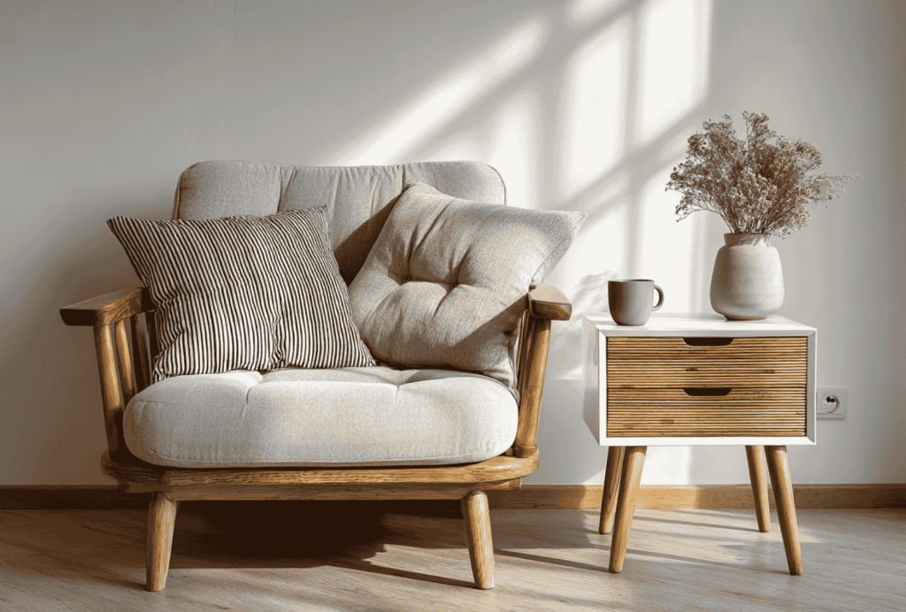 Sunlit corner with wooden armchair, beige cushions, white side table, and dried flower vase.