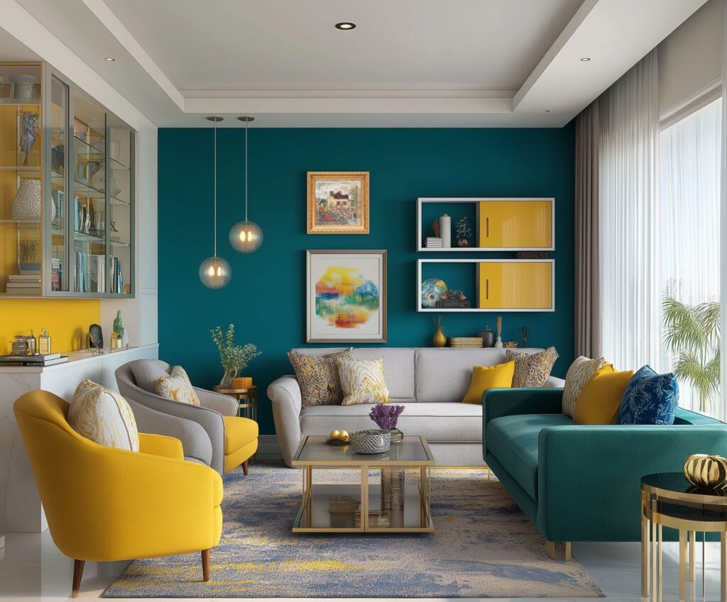 Colorful living room with teal and yellow furniture, patterned rug, wall art, and large windows with sheer curtains