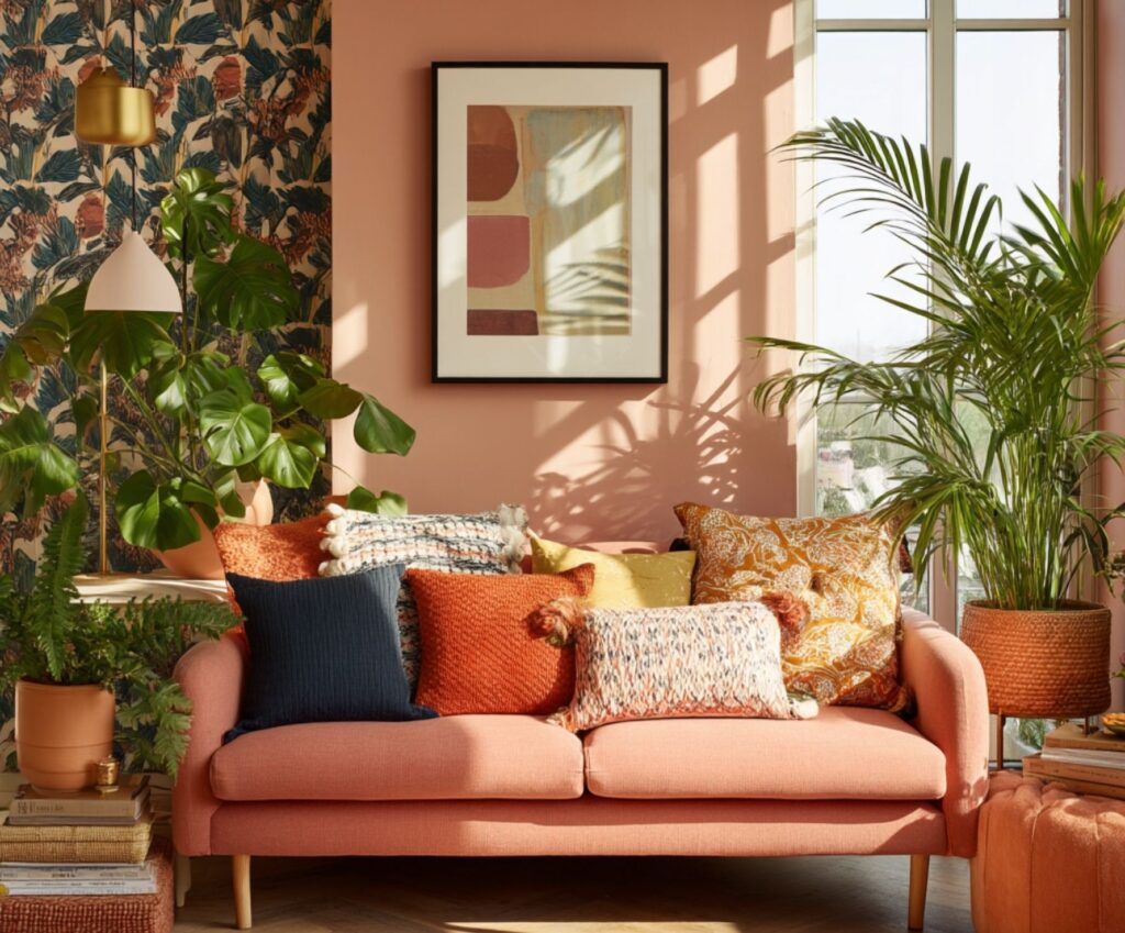 Tropical modern living room with peach sofa, colorful cushions, abstract wall art, and green plants.