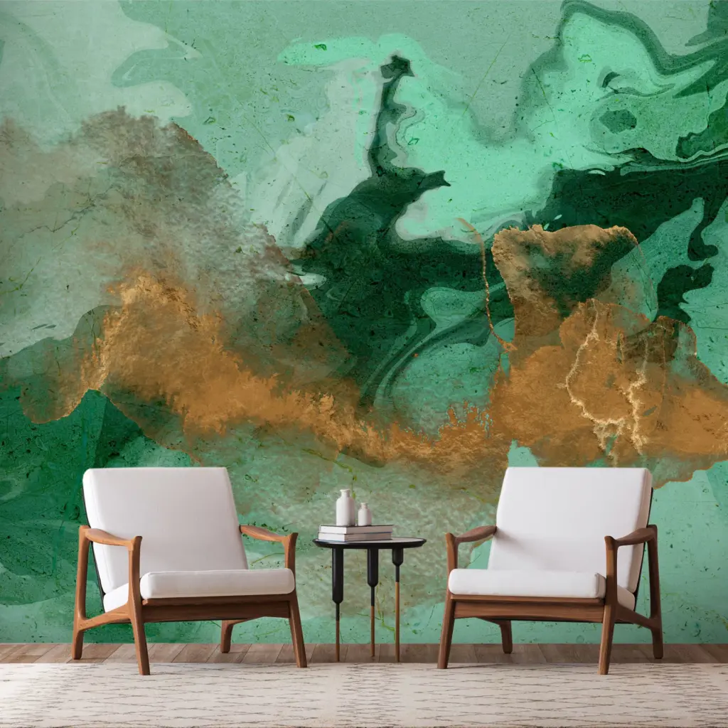 A large-scale wall mural with swirling green malachite patterns and gold accents, serving as a backdrop for two mid-century modern chairs.