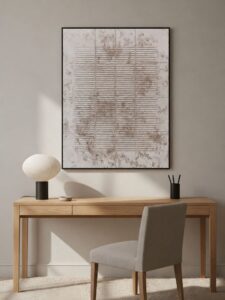 Minimal home office with vertical textured line artwork above a wooden desk.