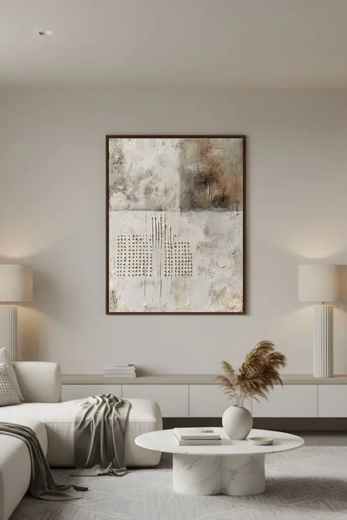 A large, vertical heavily textured abstract painting in beige, white, and brown shades on a minimalist wall above a white sofa in a modern styled living room.